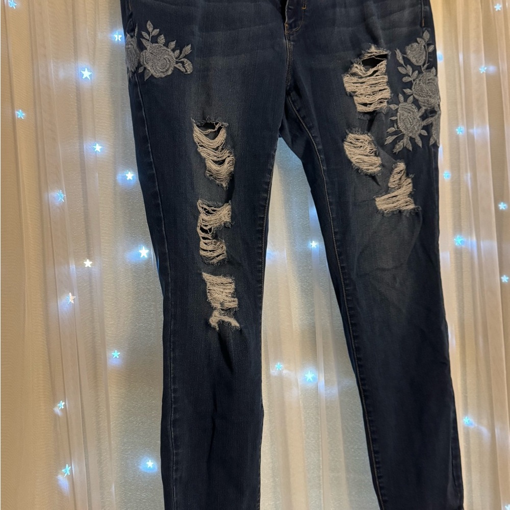 Boutique 9 Dark Blue Distressed Jeans with Floral Accents